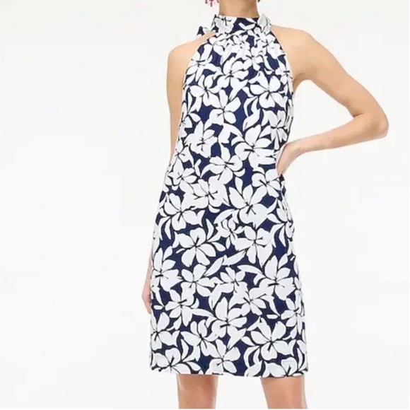 J Crew Bow Neck Halter Cotton Mini Floral Tropical Shift Dress Navy White Size 0 - Picture 3 of 17